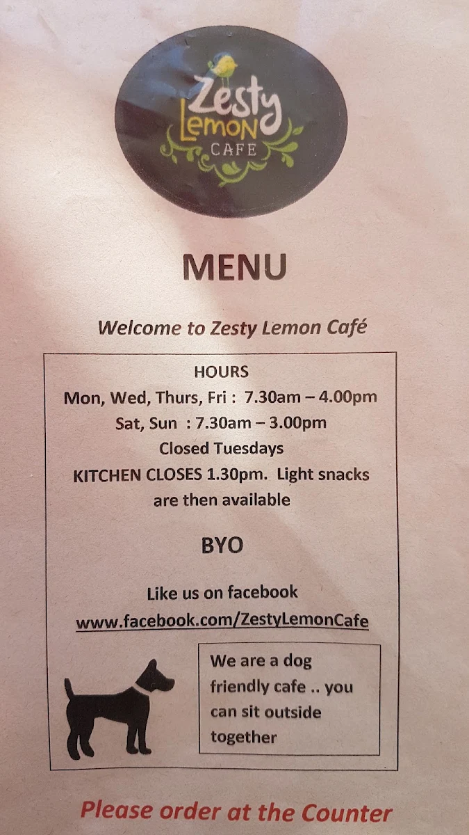 Menu, Zesty Lemon Cafe