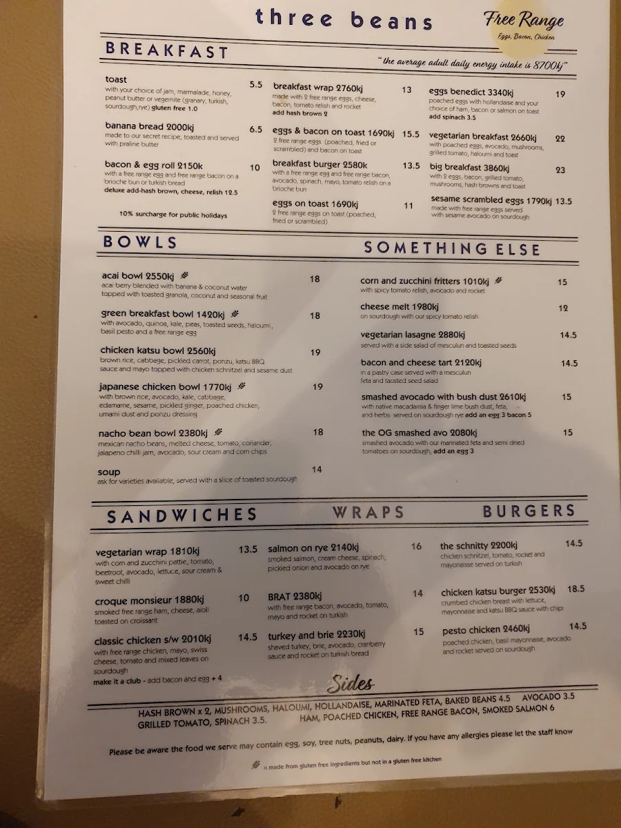 Menu, Three Beans Warriewood Square