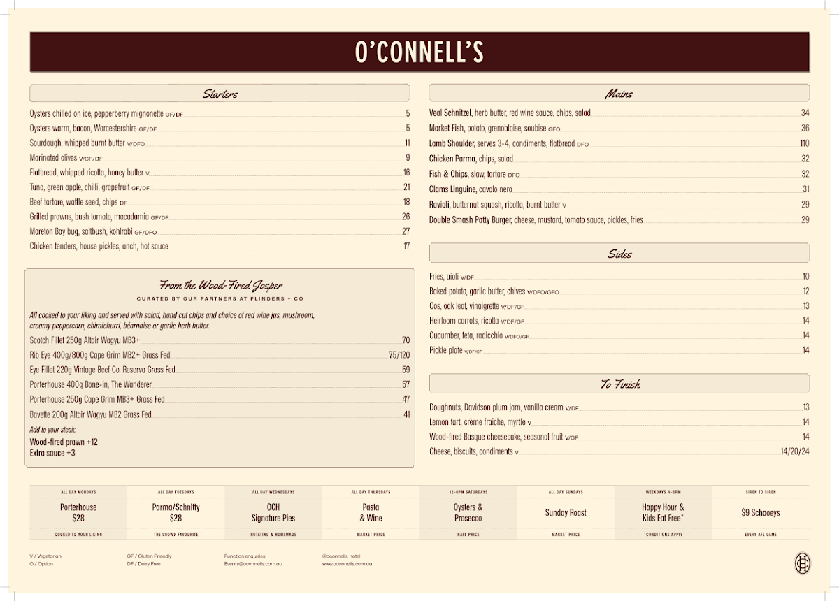 Menu, O'Connells Hotel