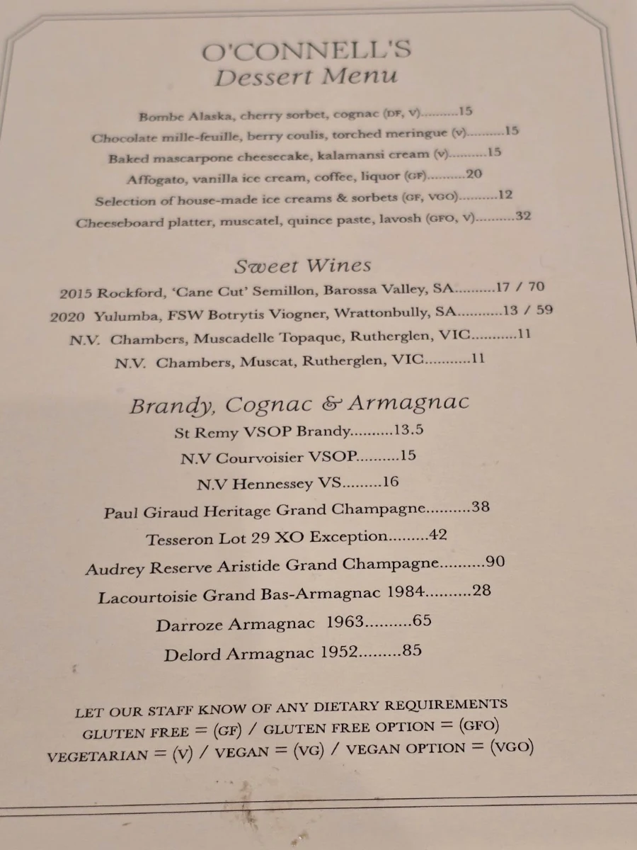 Menu, O'Connells Hotel