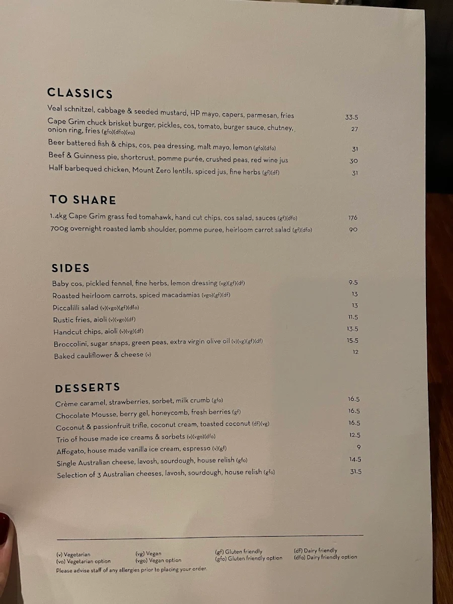 Menu, O'Connells Hotel