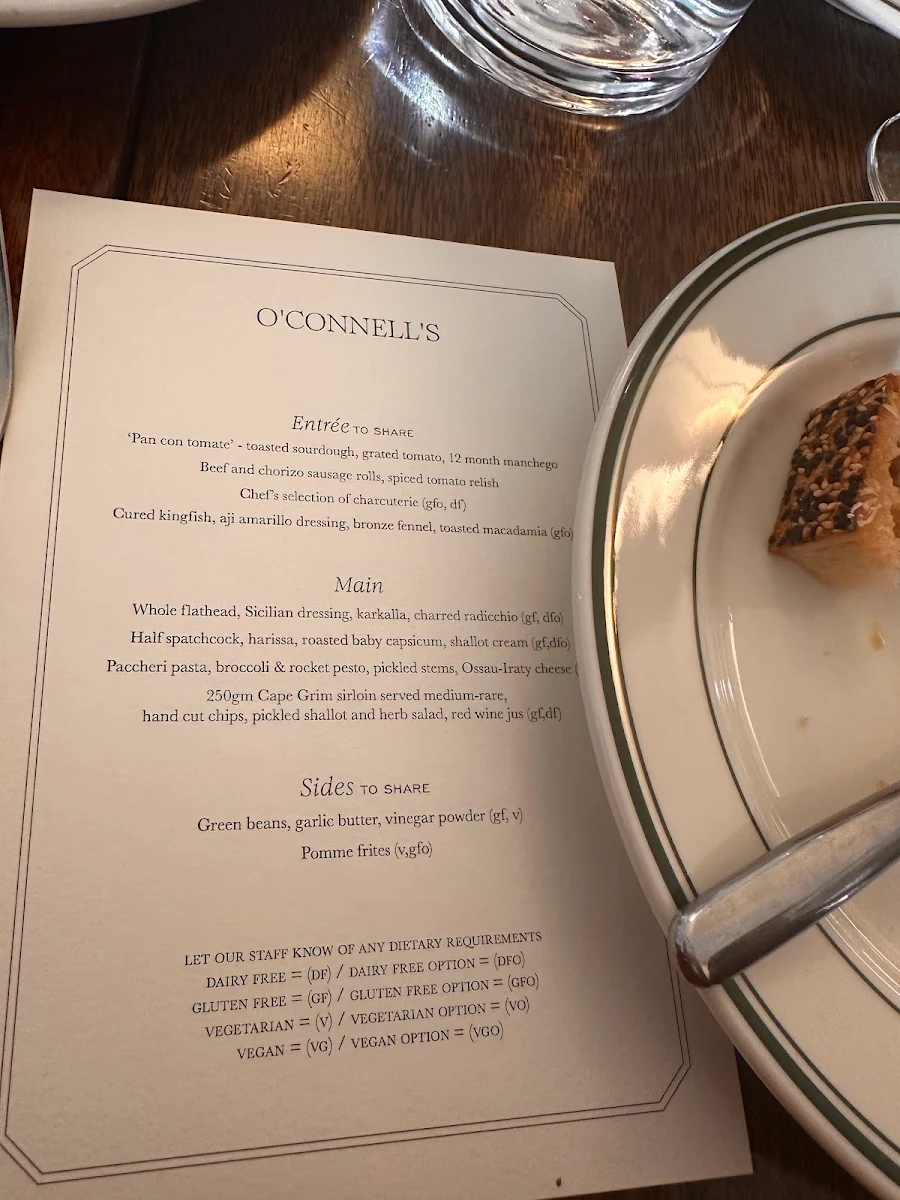 Menu, O'Connells Hotel