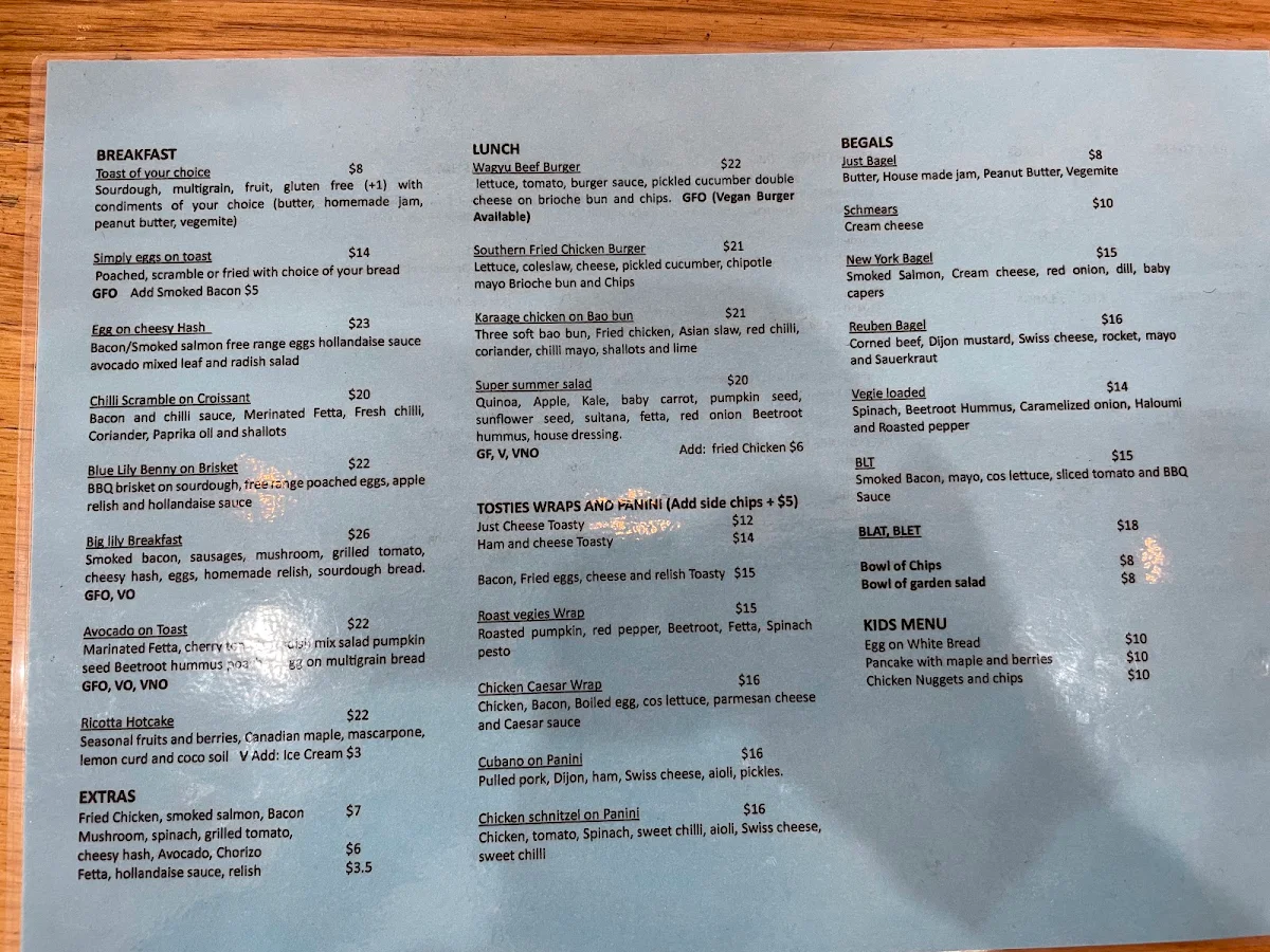 Menu, Blue Lily Cafe