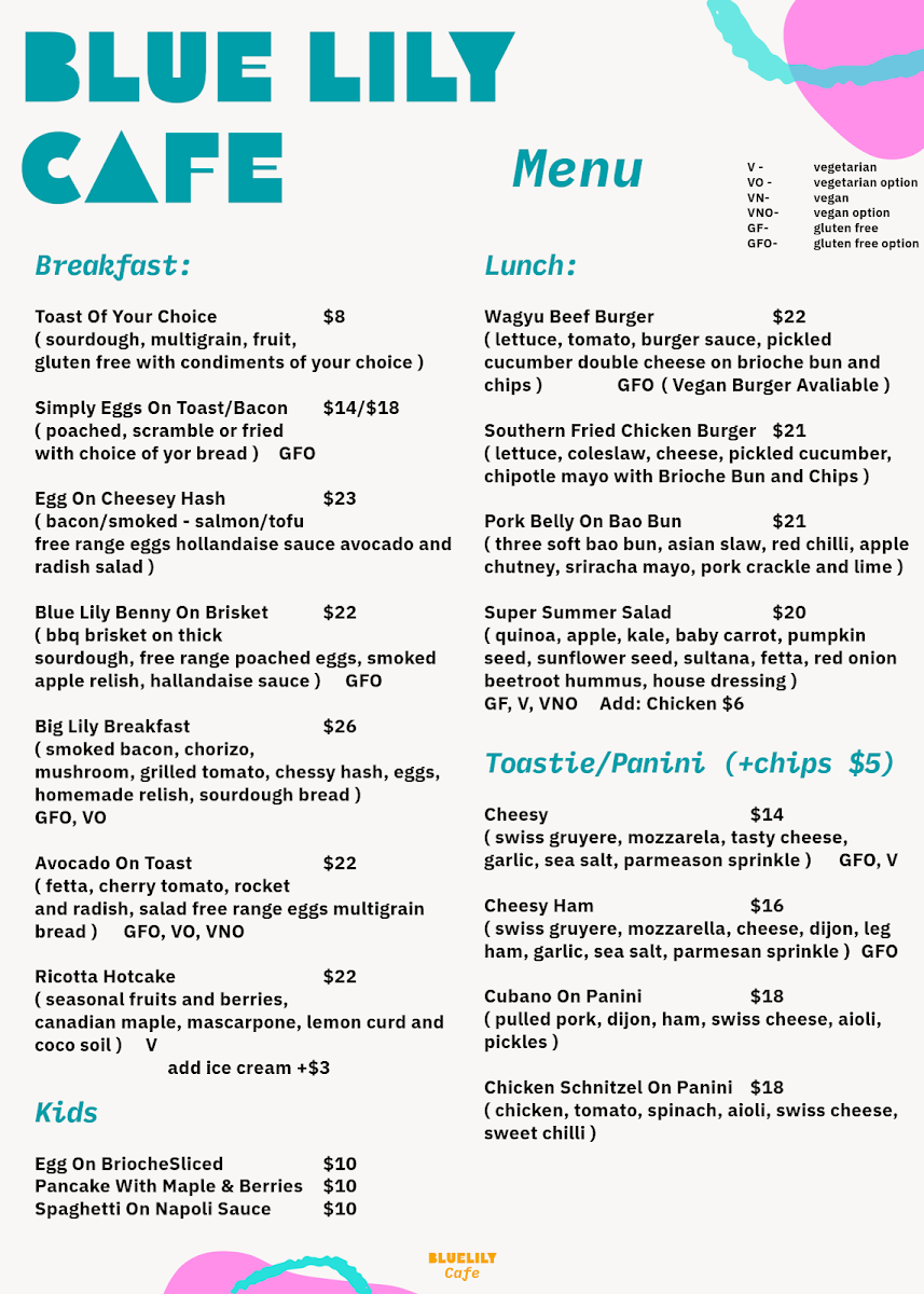 Menu, Blue Lily Cafe