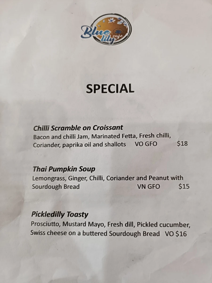 Menu, Blue Lily Cafe
