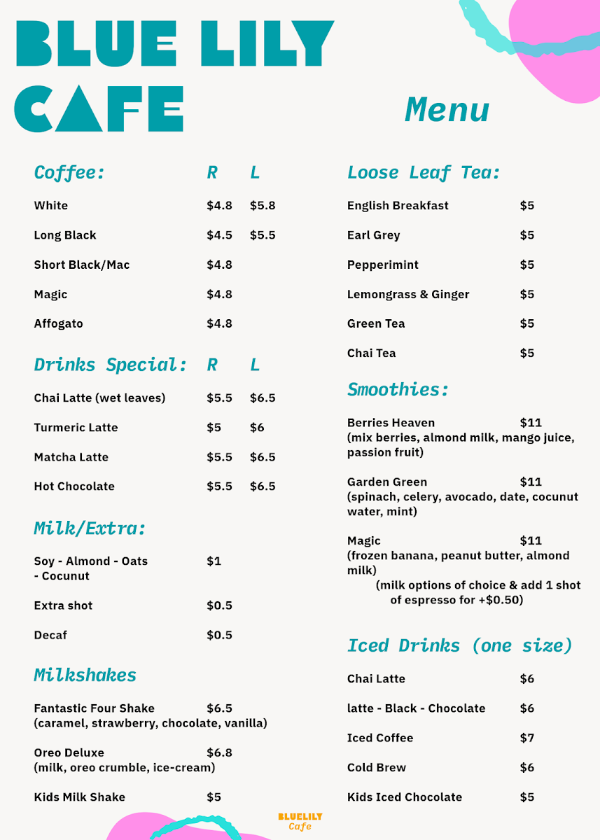 Menu, Blue Lily Cafe
