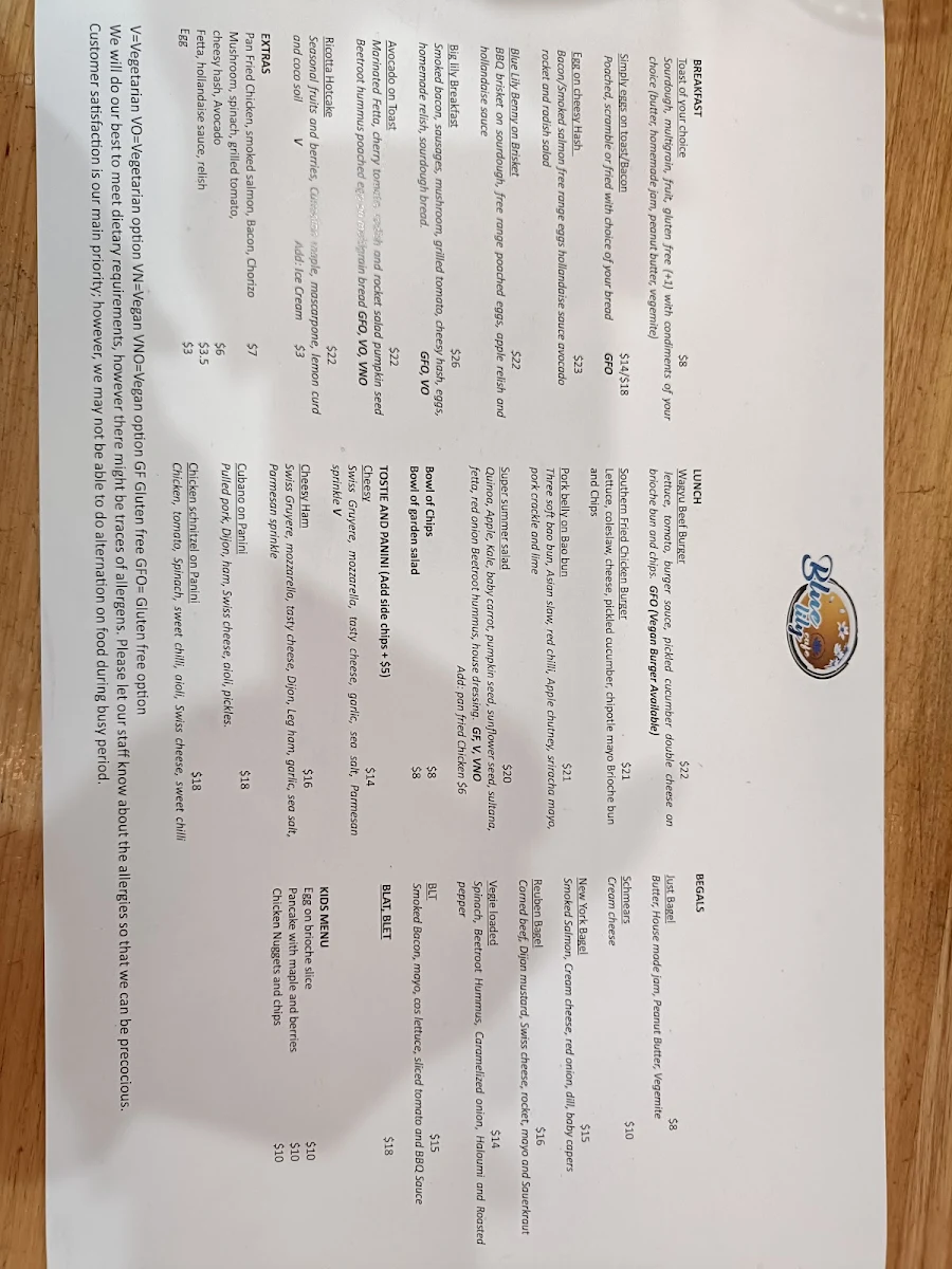 Menu, Blue Lily Cafe