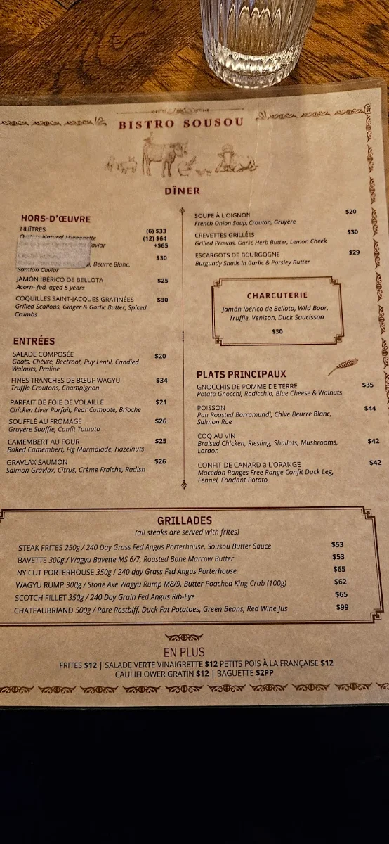 Menu, Bistro Sousou
