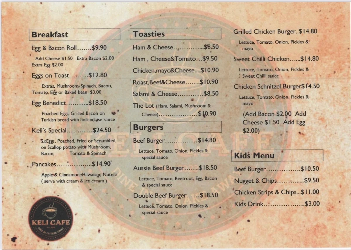 Menu, KELI CAFE