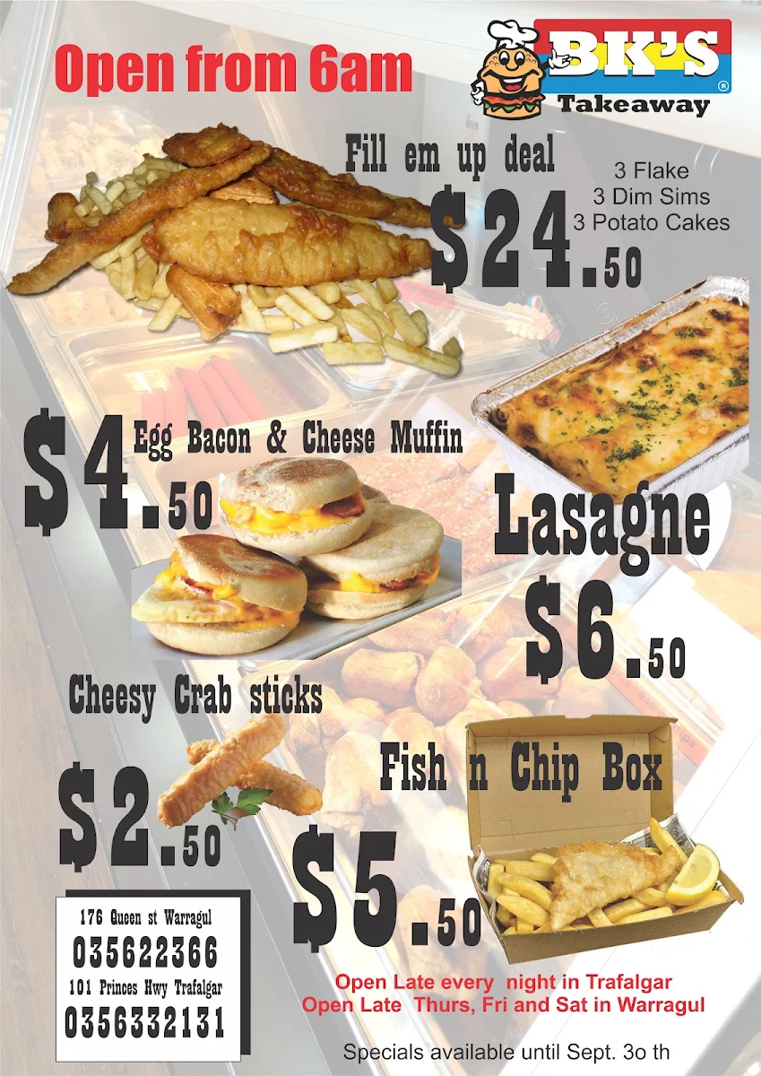 Menu, Bks Takeaway, Trafalgar