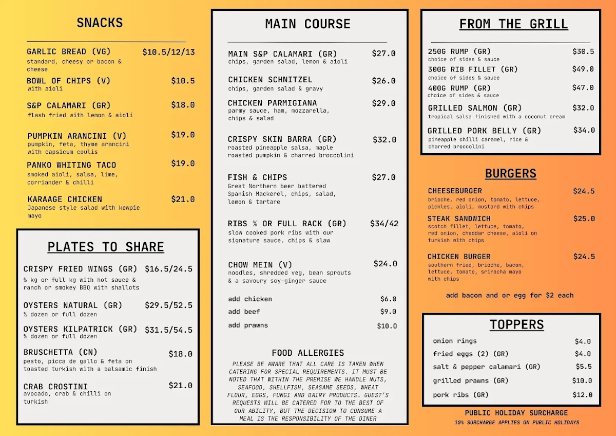 Menu, Smithfield Tavern