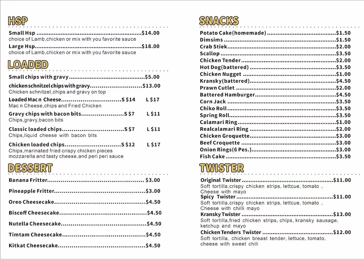 Menu, Yianni’s fish shop