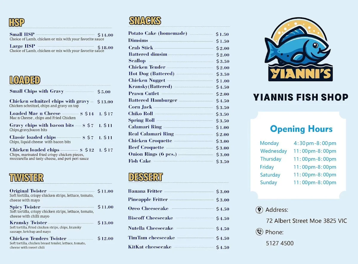 Menu, Yianni’s fish shop