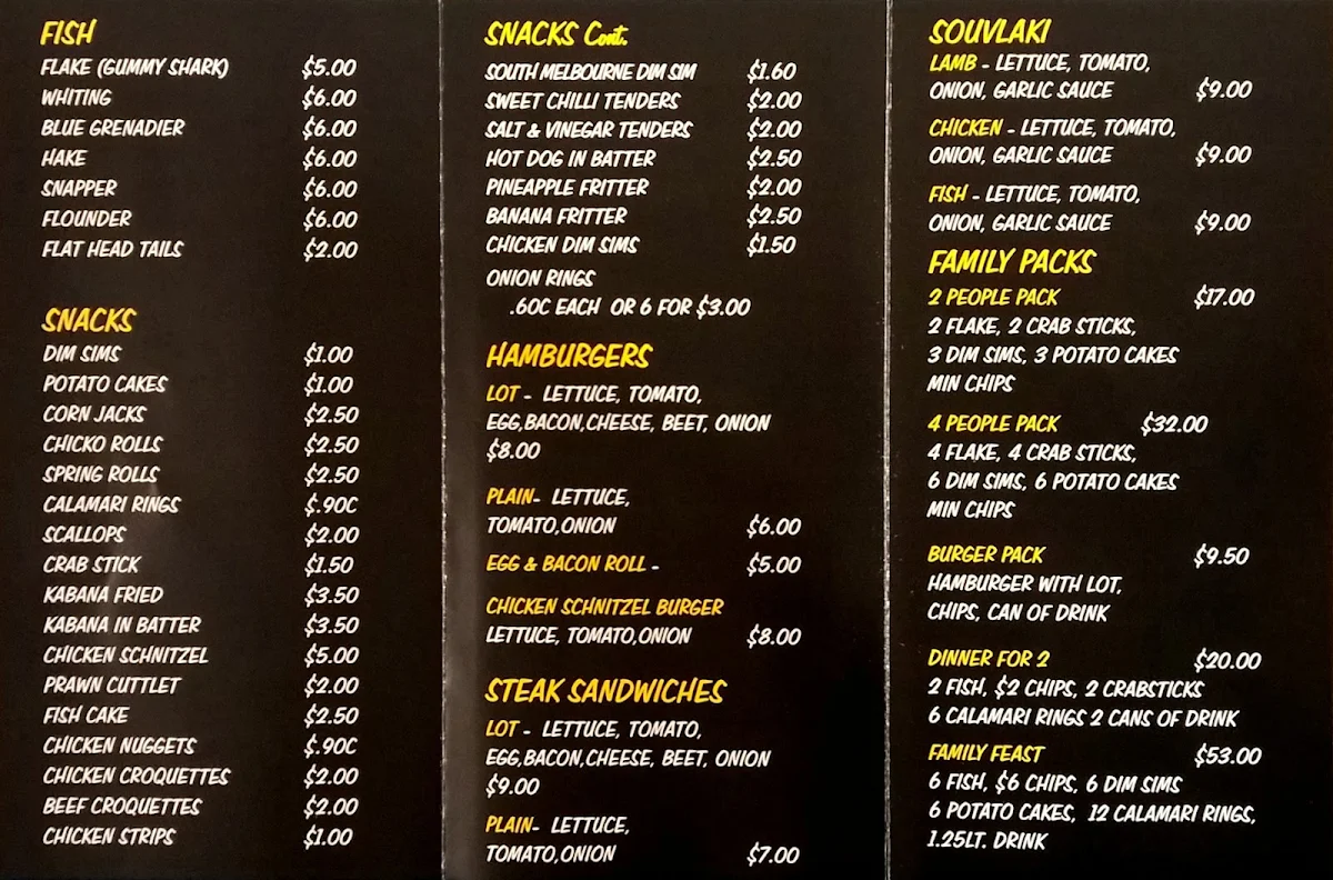 Menu, Yianni’s fish shop