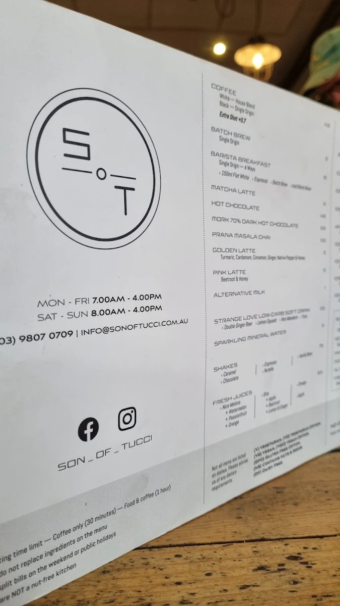 Menu, Son of Tucci Cafe Mount Waverley
