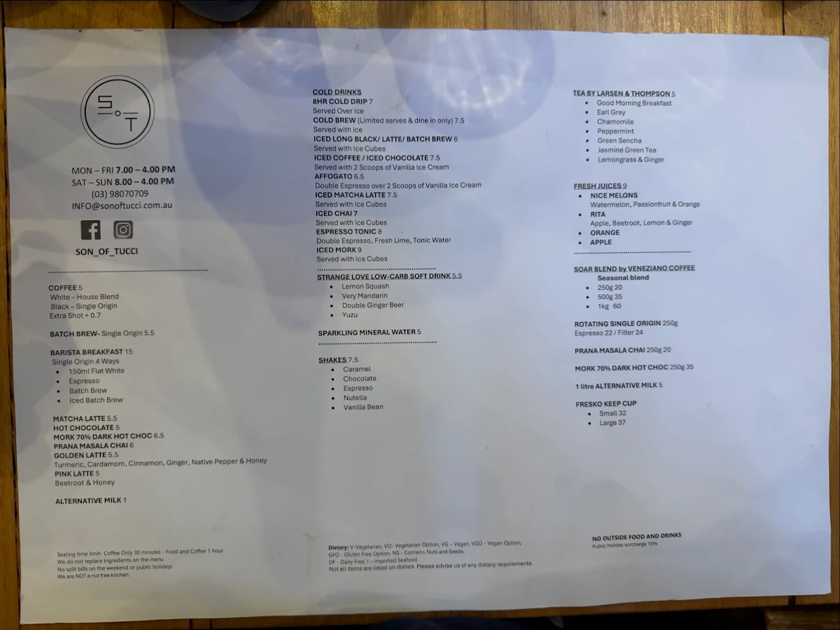 Menu, Son of Tucci Cafe Mount Waverley