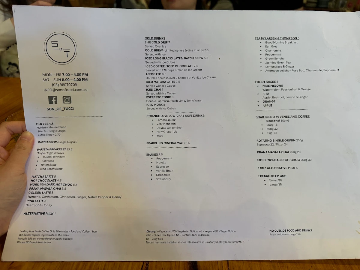 Menu, Son of Tucci Cafe Mount Waverley