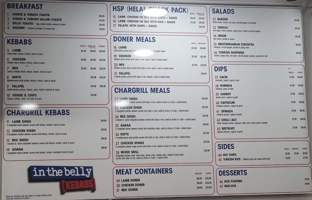 Menu, In The Belly Kebabs