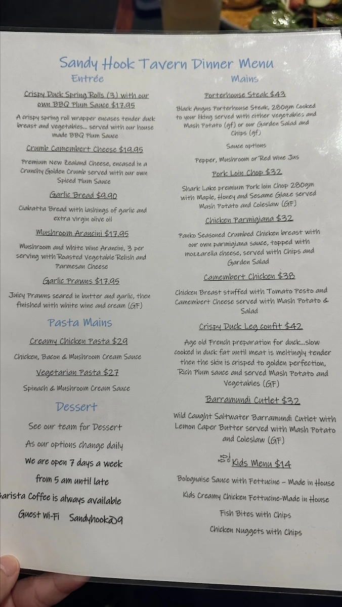 Menu, SANDY HOOK TAVERN