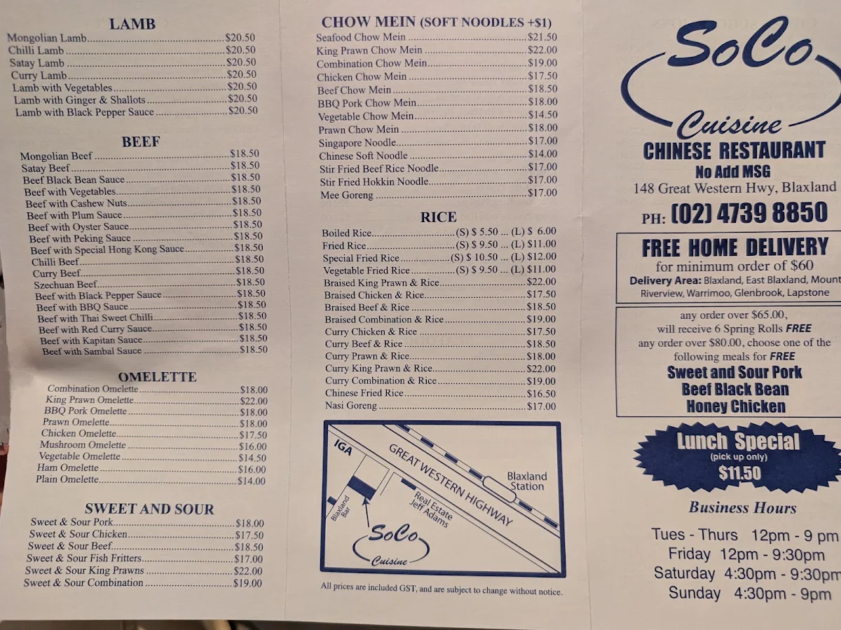 Menu, Soco Cuisine