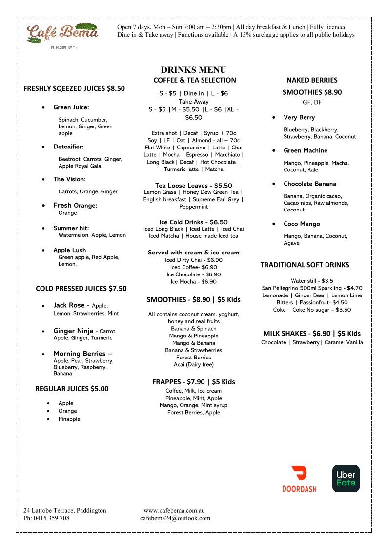 Menu, Cafe Bema