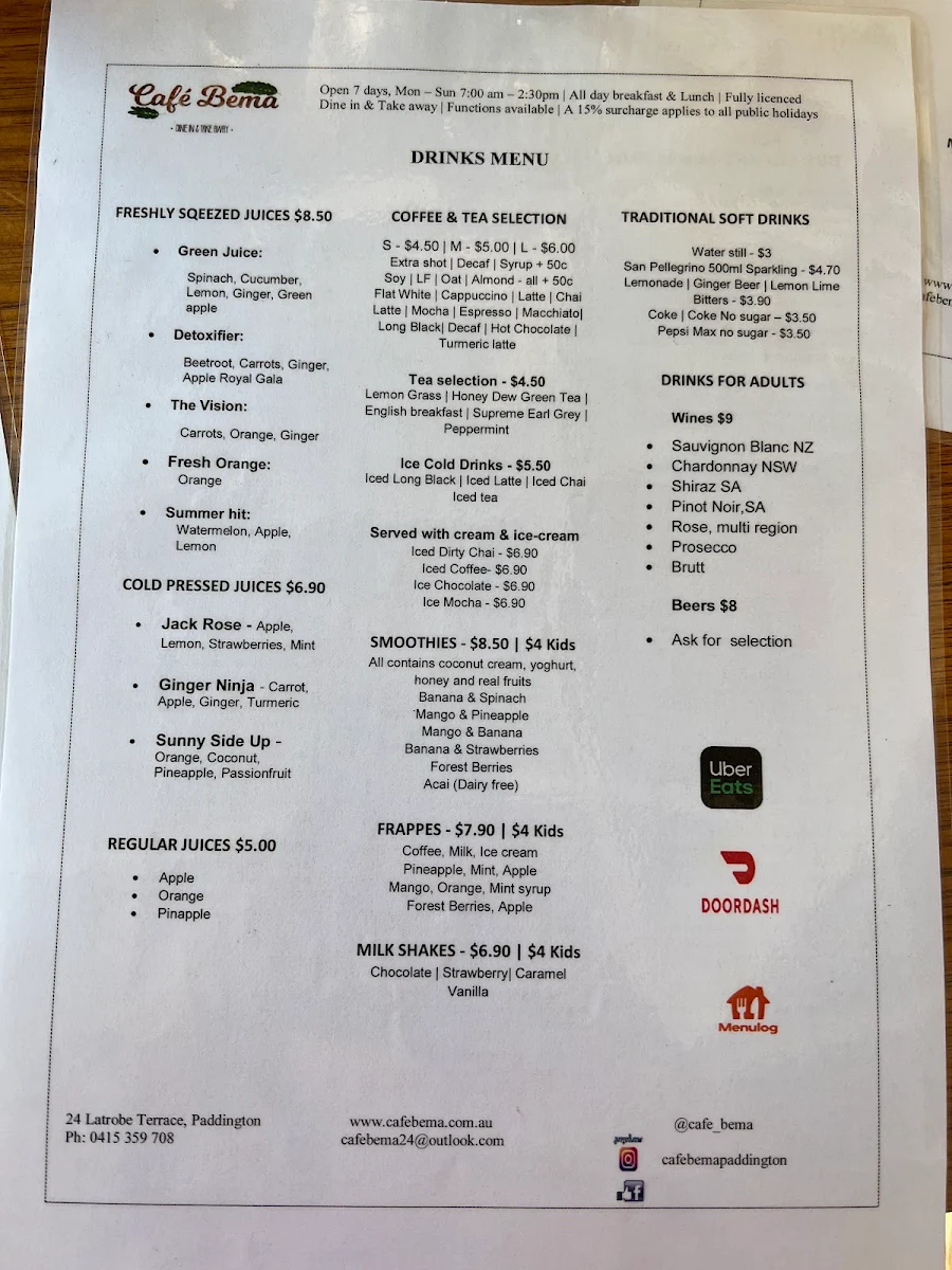 Menu, Cafe Bema