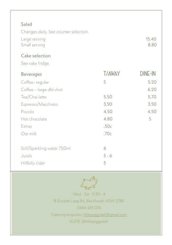 Menu, Little Piggy Deli