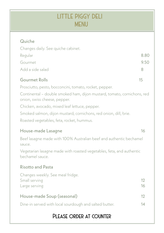Menu, Little Piggy Deli