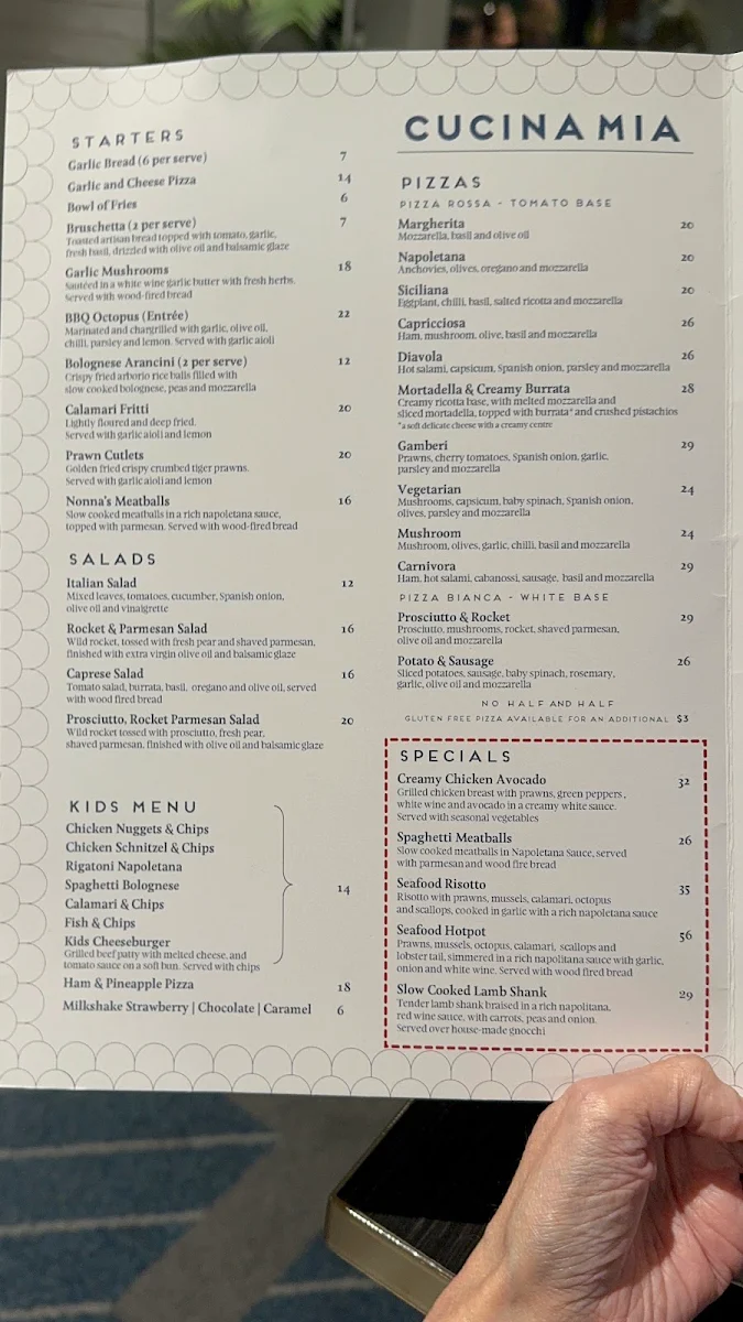 Menu, Cucina Mia Restaurant