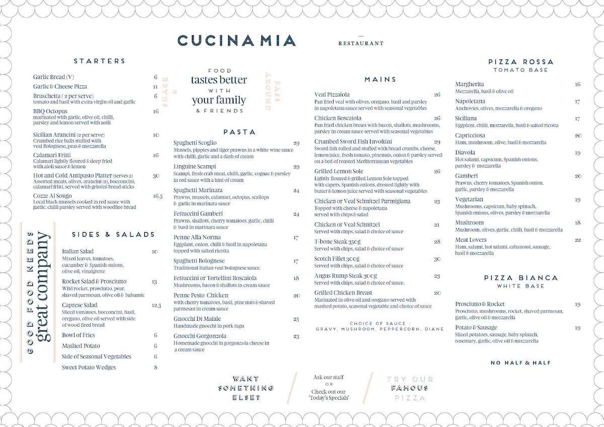 Menu, Cucina Mia Restaurant