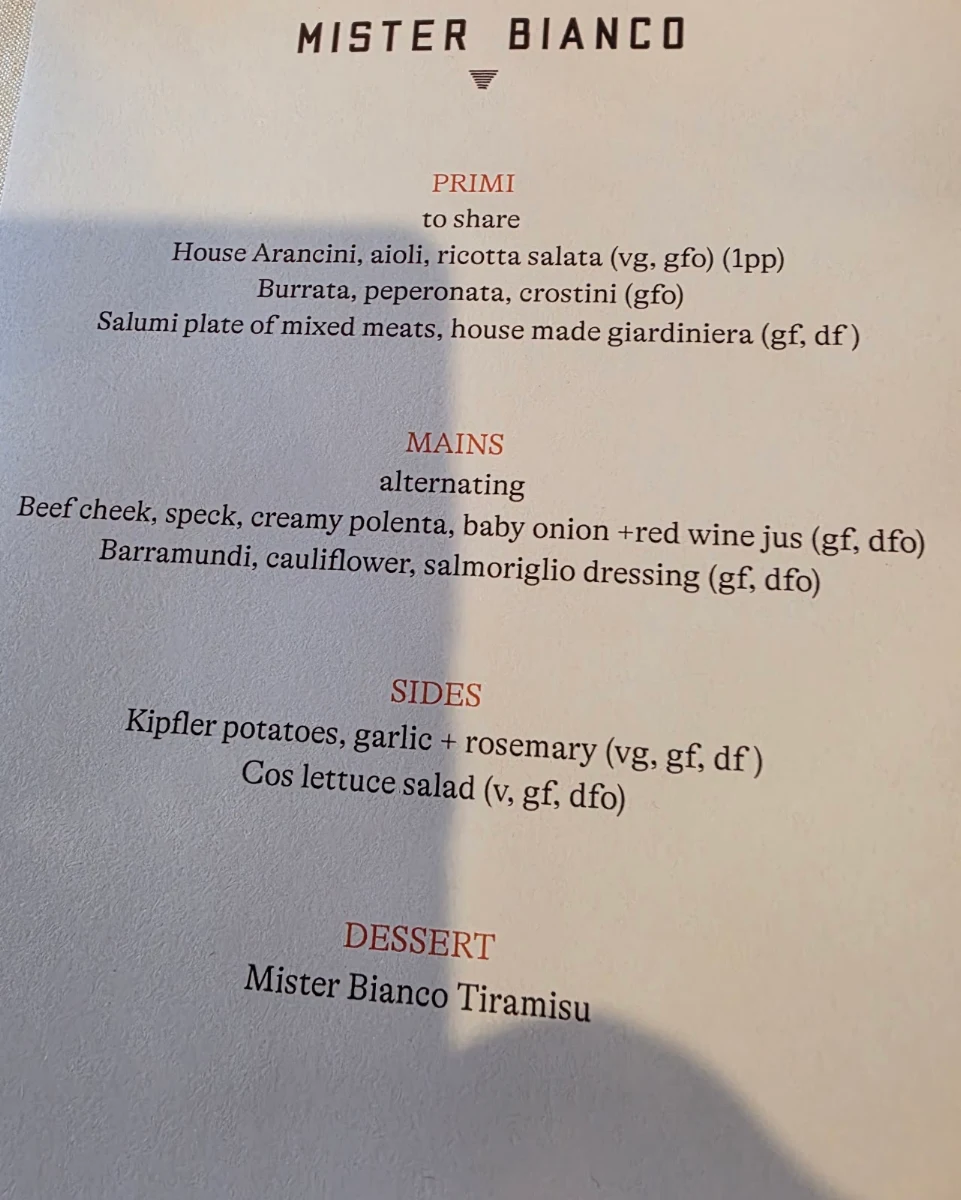 Menu, Mister Bianco
