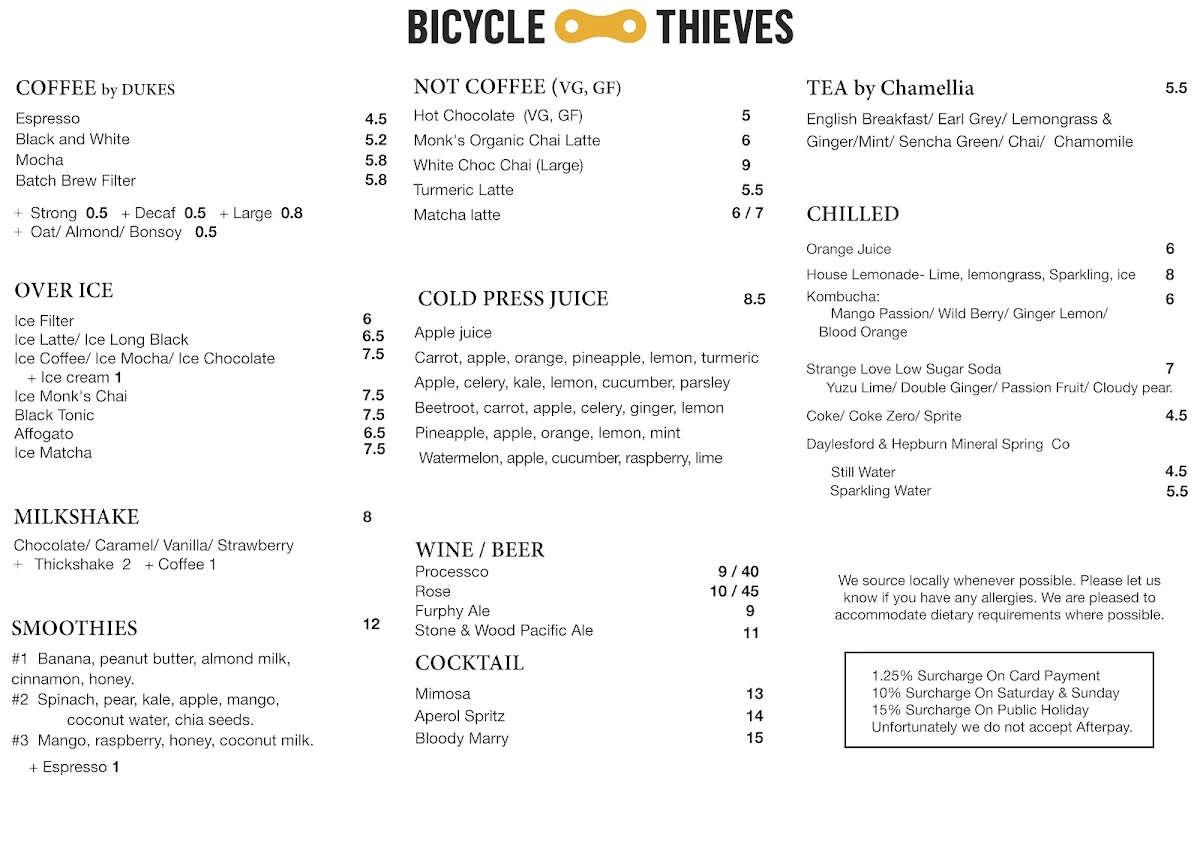 Menu, Bicycle Thieves Cafe
