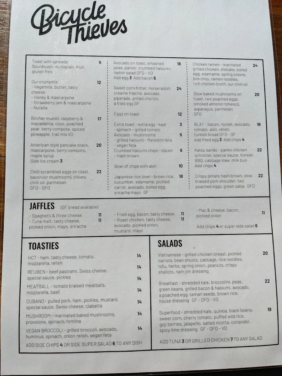 Menu, Bicycle Thieves Cafe