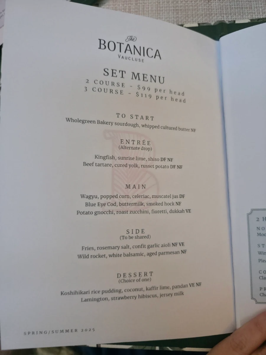 Menu, The Botanica Vaucluse