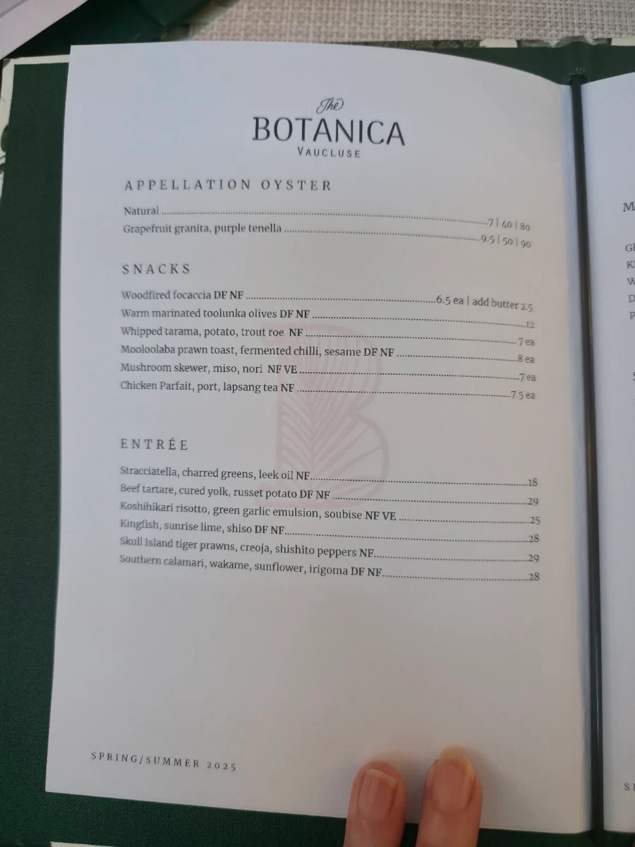 Menu, The Botanica Vaucluse
