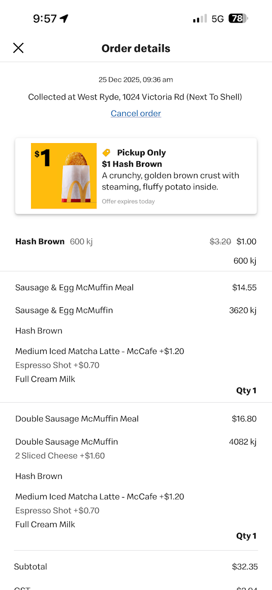 Menu, McDonald's West Ryde