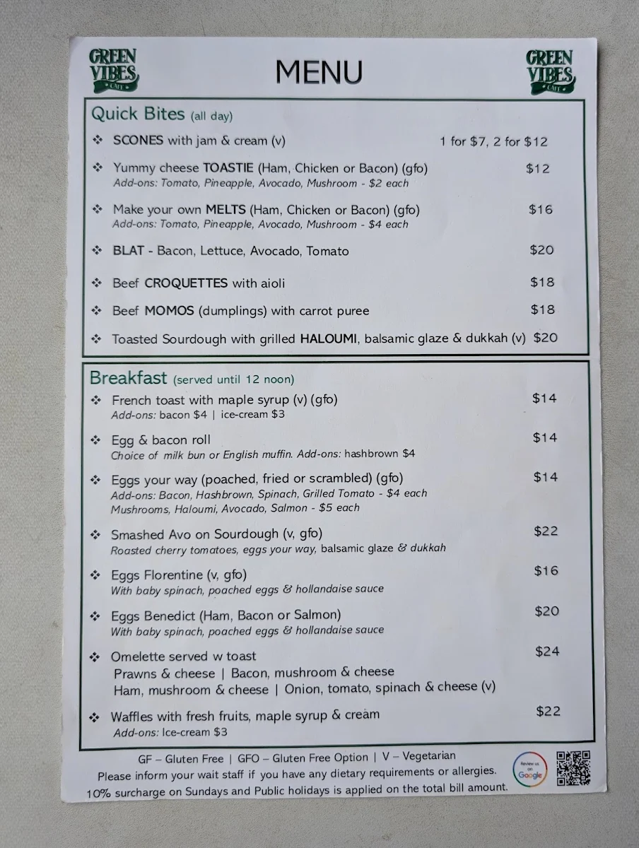 Menu, Green Vibes Cafe