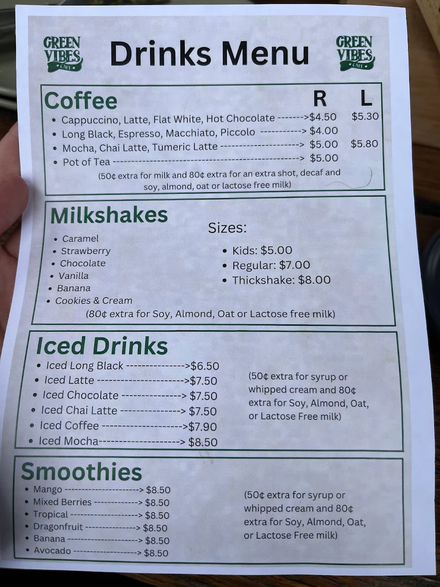 Menu, Green Vibes Cafe