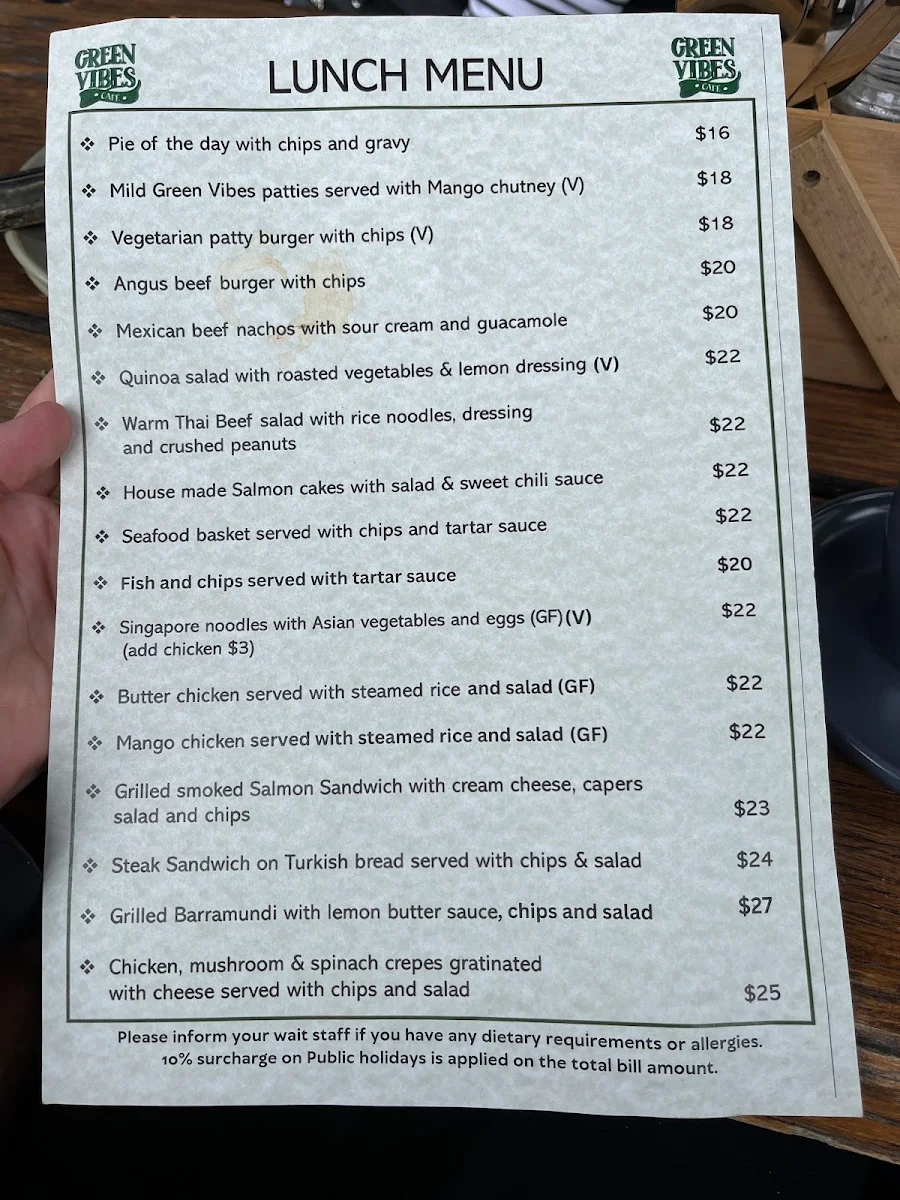 Menu, Green Vibes Cafe