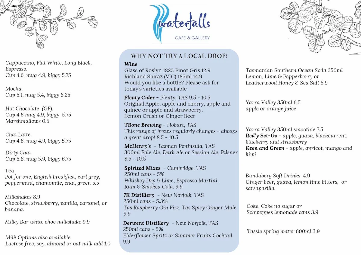 Menu, Waterfalls Cafe & Gallery