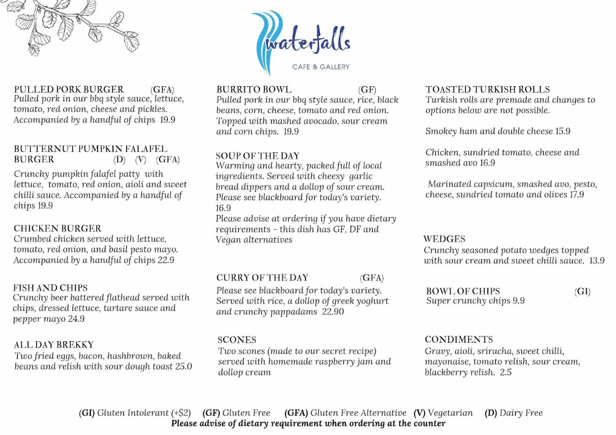 Menu, Waterfalls Cafe & Gallery