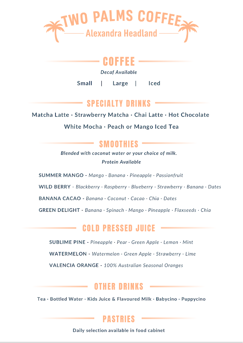 Menu, Two Palms Coffee
