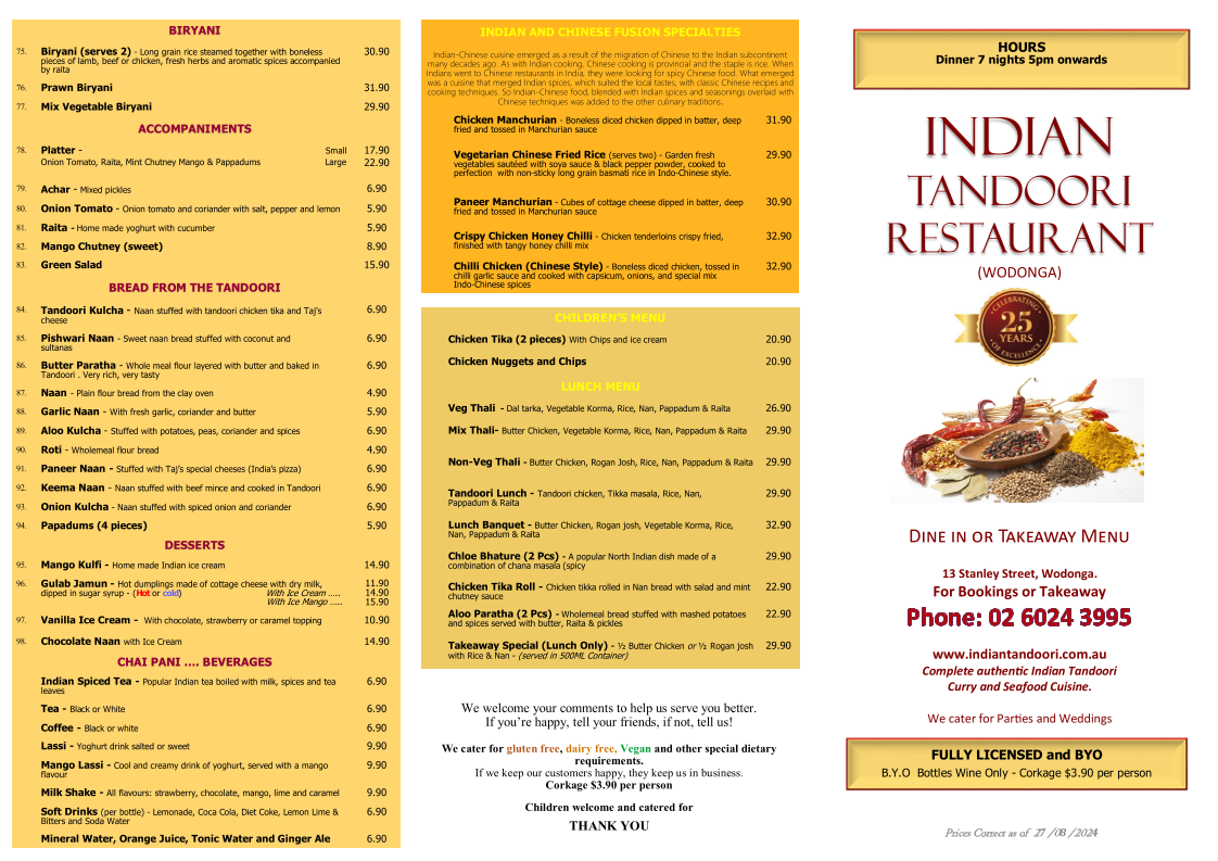 Menu, Indian Tandoori Restaurant Wodonga
