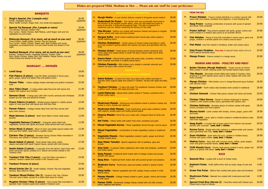 Menu, Indian Tandoori Restaurant Wodonga