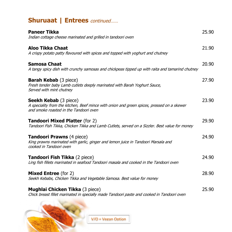 Menu, Indian Tandoori Restaurant Wodonga