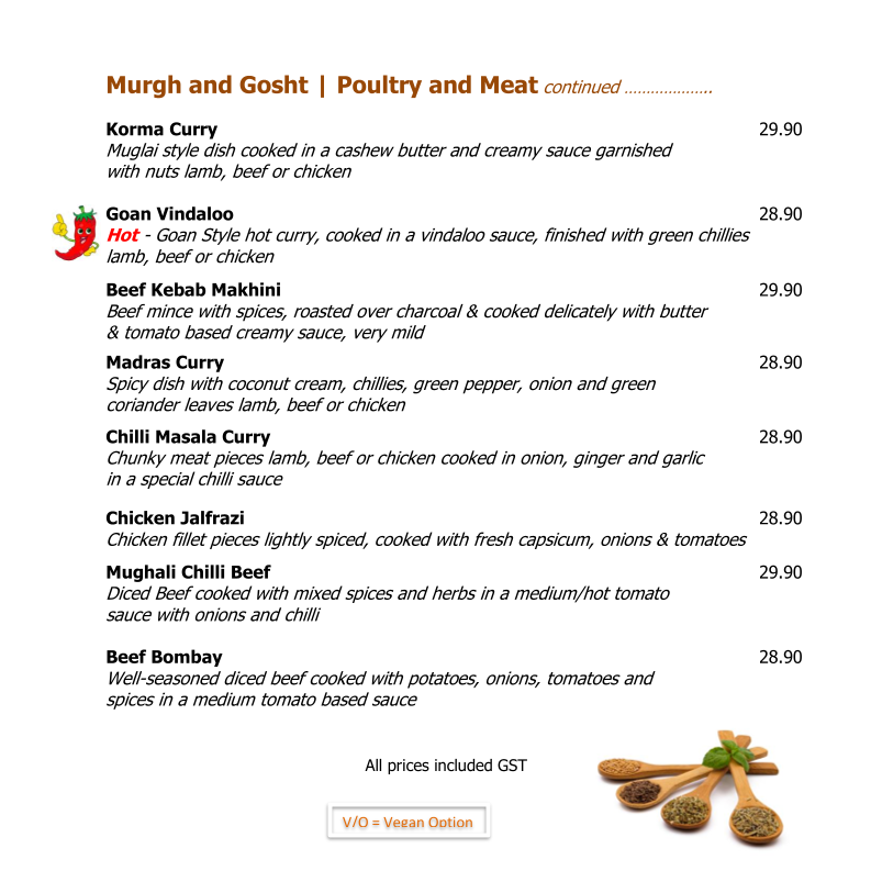 Menu, Indian Tandoori Restaurant Wodonga