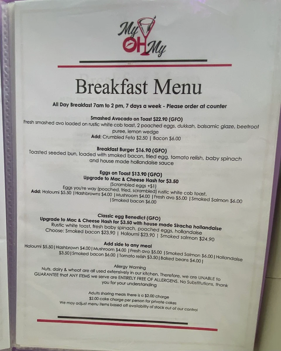 Menu, My Oh My Cafe