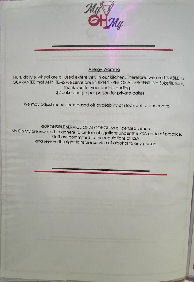 Menu, My Oh My Cafe