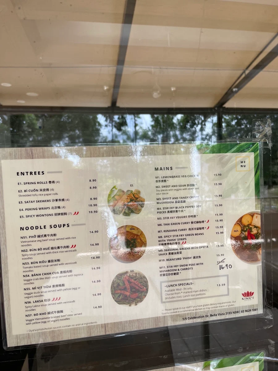 Menu, King's Vegetarian