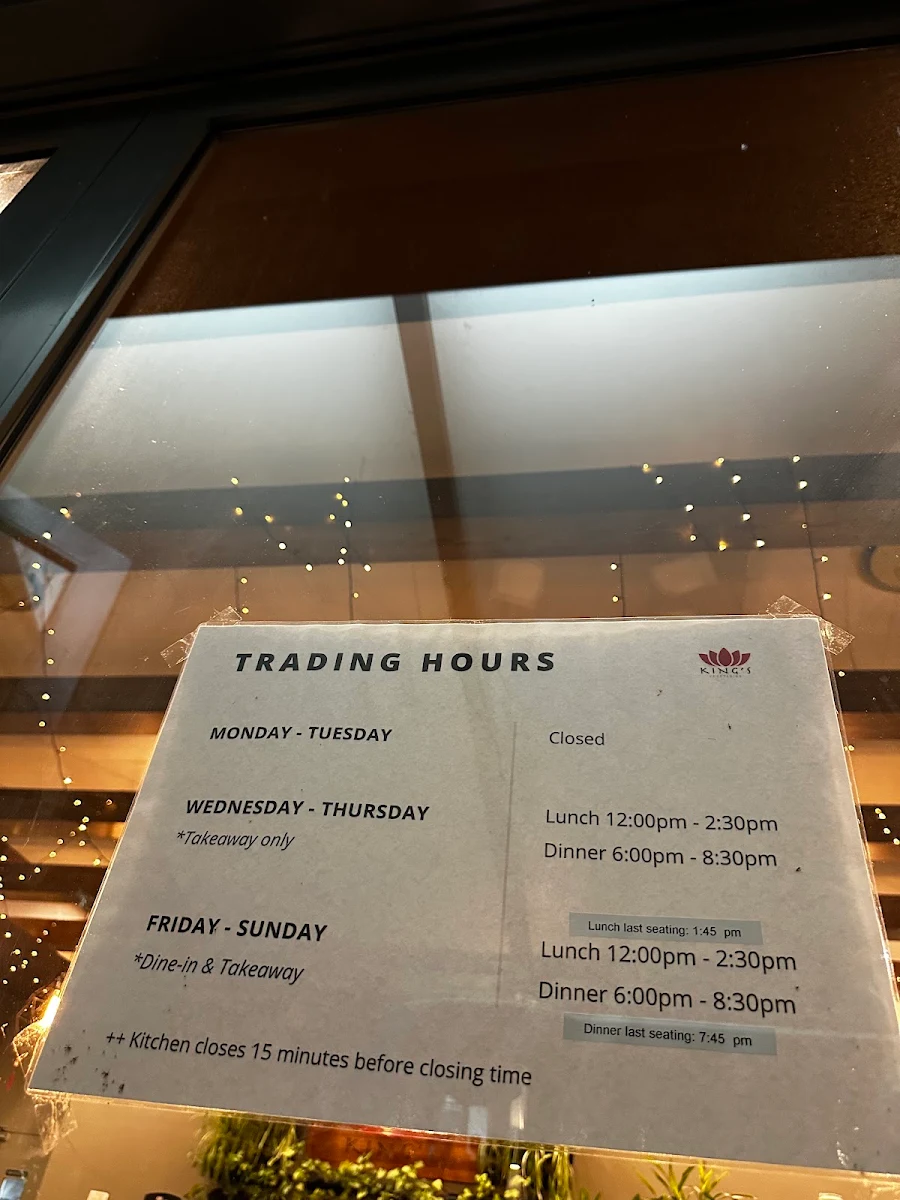 Menu, King's Vegetarian